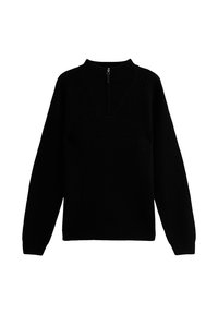 Czarny dziany sweter z wysokim kołnierzem zapinanym na zamek, lekko luźny krój i długie rękawy, wykonany z miękkiej przędzy.