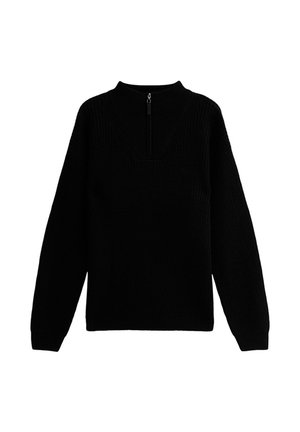 Zwarte gebreide trui met een hoge kraag en ritssluiting, iets oversized pasvorm en lange mouwen, vervaardigd uit zachte garen.