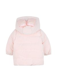 Giubbotto puffer rosa chiaro con un fiocco lucido sul cappuccio, maniche corte e texture morbida, con sezioni quiltate orizzontali.