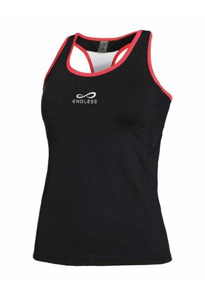 Top deportivo negro sin mangas con detalles en rojo, que cuenta con una inserción de malla, logo "ENDLESS" en la parte delantera y un diseño de espalda nadadora.