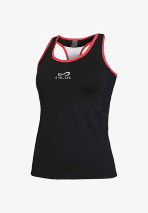 Zwarte sportieve tanktop met rode accenten, voorzien van een mesh-insert, "ENDLESS" logo op de voorkant en een racerback ontwerp.