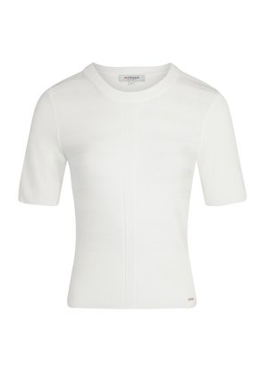White short-sleeve ribbed knit top featuring a round neckline, vertical stripe pattern, and a small logo detail at the hem.