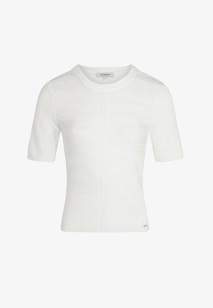 Top en tricot côtelé blanc à manches courtes, avec un col rond, un motif à rayures verticales et un petit logo en bas.
