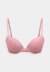 Ροζ σουτιέν με δαντέλα και λουλουδένια σχέδια, με λεία κύπελλα, ρυθμιζόμενους ιμάντες και κούμπωμα με αγκράφα στο πίσω μέρος.