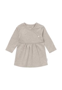 Jasno beżowa sukienka dla niemowląt z długimi rękawami, okrągłym dekoltem i zapięciem na napy na przodzie.
