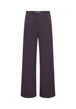 Dark purple wide-leg trousers with a high waist, side zipper, and front seam details on a white background.