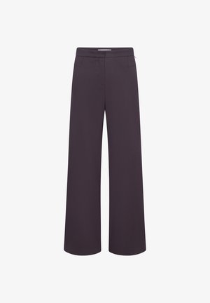 Dark purple wide-leg trousers with a high waist, side zipper, and front seam details on a white background.