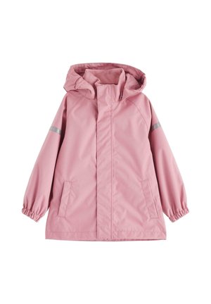 Lys rosa vandtæt jakke med hætte, elastiske manchetter, to lommer og reflekterende striber på ærmerne. Glat tekstur, afslappet design.