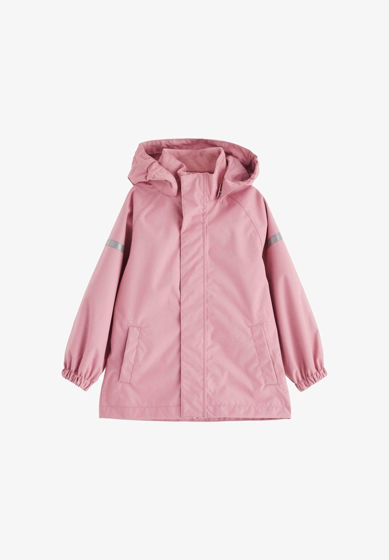 Helle rosa wasserfeste Jacke mit Kapuze, elastischen Bündchen, zwei Taschen und reflektierenden Streifen an den Ärmeln. Glatte Textur, lässiges Design.