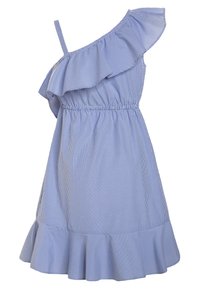 En axelklänning i blå och vita ränder, med volangkrage, elastisk midja och utställd nederkant. Tillverkad av lättviktig tyg.