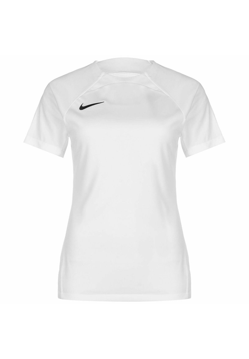 T-shirt de sport blanc à manches courtes Nike avec un col rond, des manches raglan et un logo noir sur la partie gauche de la poitrine. Texture du tissu lisse.