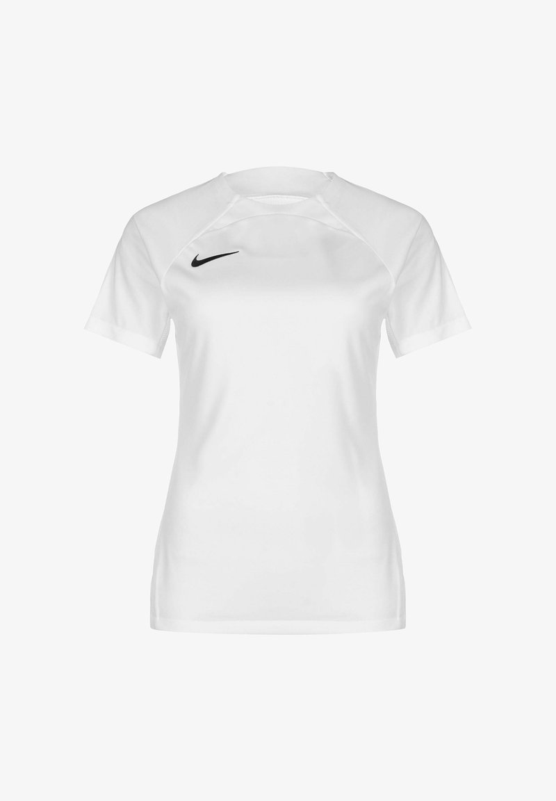 T-shirt de sport blanc à manches courtes Nike avec un col rond, des manches raglan et un logo noir sur la partie gauche de la poitrine. Texture du tissu lisse.