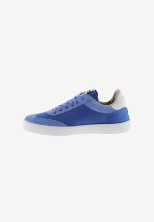 Blue canvas sneaker with white sole and accents. Features a rounded toe, lace closure, and textured side panels. Minimalist design.