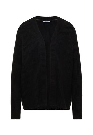 Schwarzer, gestrickter Cardigan mit lockerem Schnitt, offenem Frontdesign und gerippter Textur. Ohne Verschlüsse oder Verzierungen, ideal zum Überziehen.
