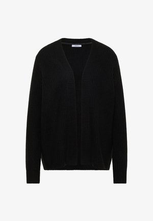 Schwarzer, gestrickter Cardigan mit lockerem Schnitt, offenem Frontdesign und gerippter Textur. Ohne Verschlüsse oder Verzierungen, ideal zum Überziehen.