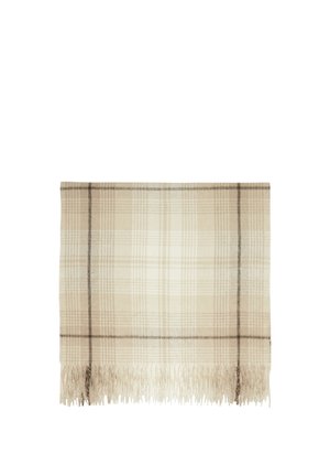 Sciarpa a quadri beige e crema con sottili linee scure e estremità sfrangiate, distesa su uno sfondo bianco.