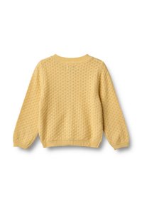 Kollane kudumiga pikkade varrukatega kampsun, millel on tekstuuriga muster, nähtav tagantvalgel taustal.