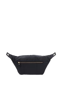 Schwarze Lederhandtasche mit schlanker, länglicher Form. Verfügt über einen auffälligen goldenen Reißverschluss auf einer Seite und Metallakzente an den Trägern.