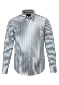 Camisa a rayas con rayas verticales en gris y blanco, cierre de botones en la parte delantera, cuello ajustado y puños con rayas en contraste. Material de algodón.