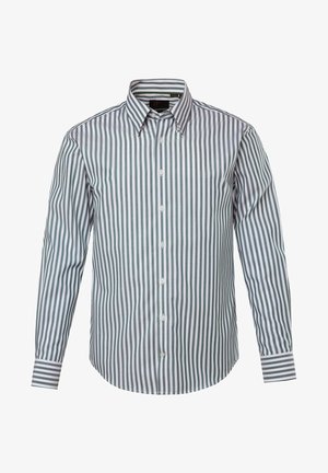 Camicia a righe con strisce verticali grigie e bianche, chiusura con bottoni frontale, colletto ben definito e polsini a righe contrastanti. Materiale in cotone.