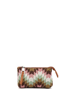 Rectangular fabric pouch with zigzag pattern in pink, green, brown, and white, featuring a brown leather zipper pull tab.
