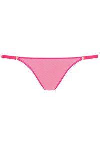 Rosa Netz-Slip mit kontrastierendem leuchtend rosa Besatz und goldenen Details. Verstellbare Riemen an den Seiten für eine individuelle Passform.