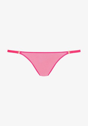String en maille rose avec des finitions contrastantes en rose vif et des accessoires en or. Bandes ajustables sur les côtés pour un ajustement personnalisé.