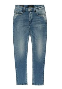 Jeans de denim azul con corte ajustado, con cremallera y cierre de botón, cinco bolsillos y un ligero desgaste en los muslos para dar textura.