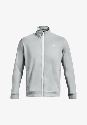 Light gray zip-up jacket with stand collar, long sleeves, side pockets, and white Under Armour logo on the left chest.