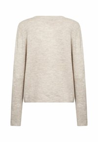 Beige svetr s dlouhými rukávy a kulatým výstřihem. Měkké, strukturované pletení s mírně zkráceným střihem a ribovanými manžetami a lemem.
