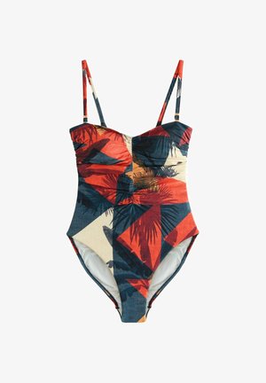 Ühekordne ujumistrikoo õhukeste rihmadega, millel on mitmevärviline geomeetriline mustriga kujundus punases, sinises ja beežis, palmilehtede mustriga ja kogumistega.