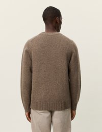 Pull en tricot marron avec un col rond, tissu texturé, poignets et ourlet côtelés. Présente une coupe décontractée avec de légers fils colorés dispersés.