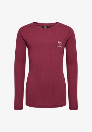 Langärmliges, geripptes Shirt in tiefburgunder mit Rundhalsausschnitt. Mit einem kleinen, weißen, gestickten Logo auf der Brust. Weicher Stoff.