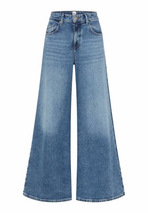 Jeans denim larghi blu con bottone frontale e cerniera, stile a cinque tasche e leggera scoloritura sulle cosce.