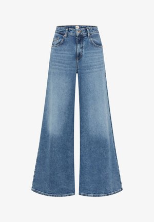 Blaue Jeans mit weitem Bein, vorn mit Knöpfen und Reißverschluss, im Fünf-Taschen-Stil und mit dezentem Verblassen an den Oberschenkeln.