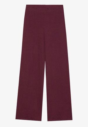 Wide-leg pants in deep burgundy, made of ribbed fabric. Features a soft, elastic waistband and a smooth texture.