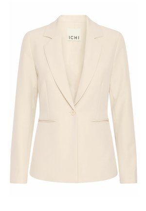 Beige sáčkový blazer s jedním knoflíkem, klopami, dvěma předními kapsami a hladkou texturou látky.