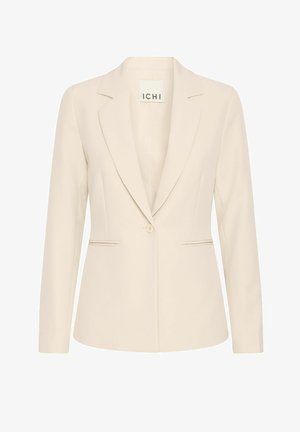 Bežs uzvalka žakets ar vienu pogu, ar iedobītiem atloka malām, divām priekšējām kabatām un gludu auduma struktūru.