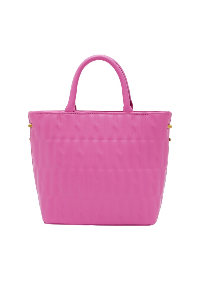 Borsa a tracolla rosa con un design strutturato, caratterizzata da una superficie liscia, due manici e un sottile motivo trapuntato. Accenti in metallo dorato.