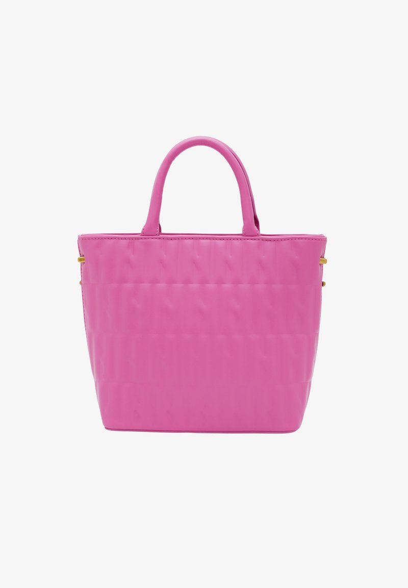 Sac fourre-tout rose au design structuré, avec une texture lisse, deux poignées et un motif matelassé subtil sur la surface. Accents en matériel doré.