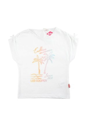 Chemise blanche à manches courtes avec un motif pastel de palmier et les textes « Été sans fin », « LEE COOPER » et « Depuis 1908 », avec des détails de manches nouées.