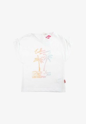 Chemise blanche à manches courtes avec un motif pastel de palmier et les textes « Été sans fin », « LEE COOPER » et « Depuis 1908 », avec des détails de manches nouées.