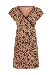 Φόρεμα με λεοπάρ σχέδιο, ντεκολτέ σε σχήμα V, κοντά μανίκια και ελαστική μέση. Κατασκευασμένο από μαλακό ύφασμα, με αντίθετη μαύρη διακόσμηση.