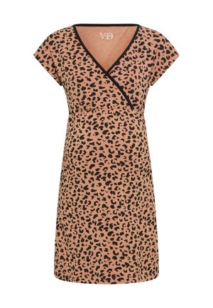 Leopardenkleid mit V-Ausschnitt, kurzen Ärmeln und elastischem Taillenbund. Hergestellt aus weichem Stoff mit kontrastierendem schwarzen Besatz.