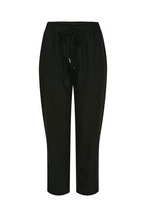 Sorte linnedragt med elastisk talje, justerbar snor og cropped længde. Glat tekstur, minimalistisk design uden mønstre.