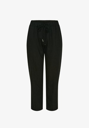 Sorte linnedragt med elastisk talje, justerbar snor og cropped længde. Glat tekstur, minimalistisk design uden mønstre.