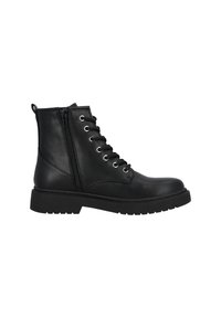 Botas de cuero negro hasta el tobillo con puntera redonda, cordones en la parte frontal y cremallera lateral. Presentan paneles texturizados y una suela de goma gruesa.