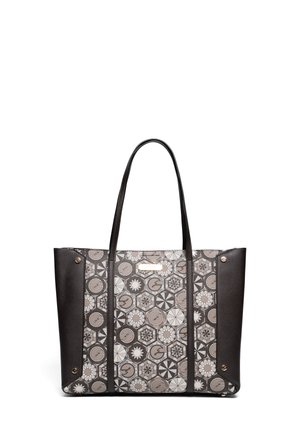 Borsa tote in pelle marrone con una parte anteriore in tela decorata da disegni geometrici in grigio, beige e nero. Include due manici.