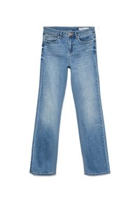 Jeans en denim bleu clair avec un design classique à cinq poches, fermeture à bouton et fermeture éclair, et coupe droite.