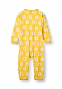 Romper in cotone giallo con motivo a mele ripetuto in bianco, maniche lunghe e collo tondo, progettato per un facile utilizzo.